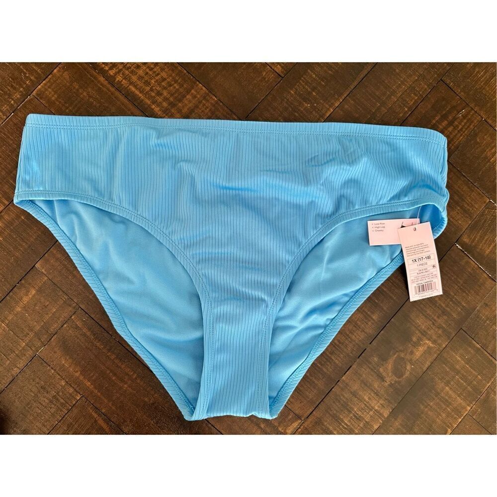 🌸 Wild Fable Target Blue Ribbed Bikini Bottom Low Rise High Leg Cheeky 17/18